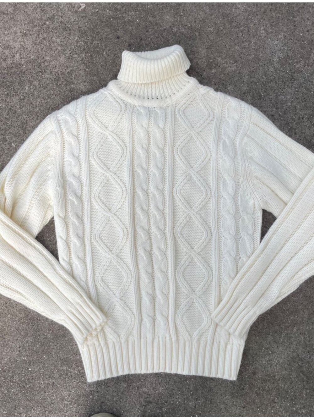 Vintage Sears 70s Cream Turtleneck Tight Sweater Mens L Cable Knit Professor